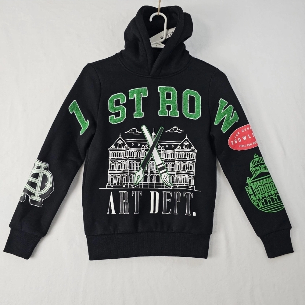 First Row Kids Size Medium Patch Graphic Fleece Pullover Hoodie Art Dept  Black